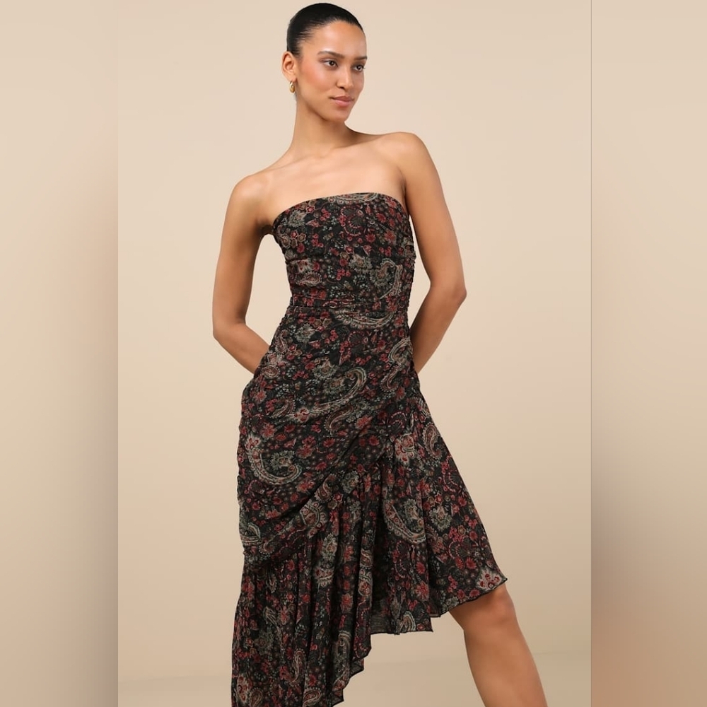 Lulus Leena Black Multi Paisley Asymmetrical Midi Dress Small New With Tags NWT